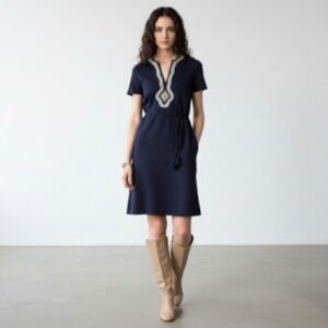 Tory Burch Liliana S Navy Linen Soutache Embroidered Tie Waist Dress Boho Work